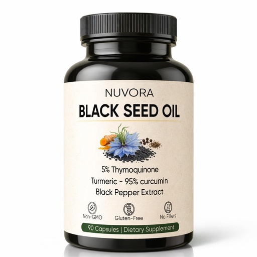 [BRSRGAYEB57R4YD3] Nuvora Ethiopian Black Seed Oil - 5% Thymoquinone, Turmeric & Black Pepper, Cold Pressed, 90 Capsules