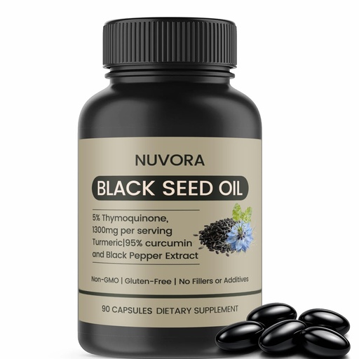 [BRSRGAYCOUCQA33F] Nuvora Black Seed Oil Capsules with 5% Thymoquinone,Vitamin D3 & Omega, Cold Pressed, Non-GMO, Gluten-Free, Immune Balance & Daily Vitality,90 Count Softgels
