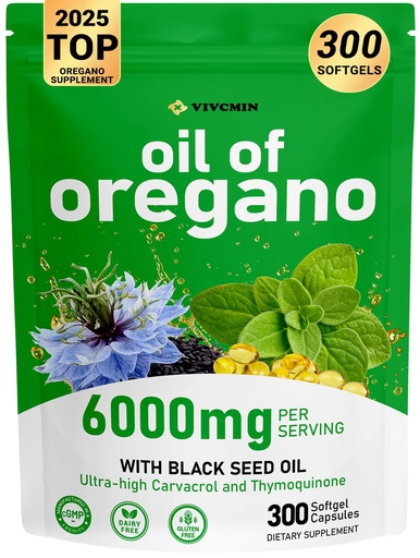[BRSRACYQB57R6E35] vivcmin Oregano Oil, 300 Softgels, 150 Days Supply - 6000mg Oil of Oregano with Black Seed Oil for Immune & Digestive Support, aceite de Oregano with High Carvacrol & Thymoquinone, Non-GMO