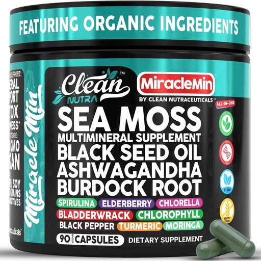 [BRSRAGANCMCQE3A6] Clean Nutra Organic Sea Moss Capsules with Ashwagandha, Black Seed Oil, Burdock Root, Bladderwrack, Moringa, Chlorella, Spirulina, Turmeric, Elderberry, Amla – 90 Vegan Capsules – MiracleMin
