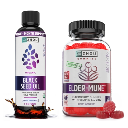 [BRSRGAY6AABGK2TZ] ZHOU Black Seed Oil & Elderberry Gummies with Vitamin C & Zinc - Black Cumin Seed Oil Cold Pressed, Nigella Sativa, Daily Immune Support Supplement for Women & Men - Pack of 2, 8 fl oz + 60 Gummies