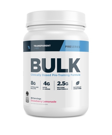 [BRSROGAOCAMGK2Y4] Transparent Labs Bulk Pre Workout Powder - Naturally Sweetened Preworkout for Men & Women, Pre Work Out for Muscle Building & Strength w/Beta Alanine & BetaPure - 30 Servings, Strawberry Lemonade