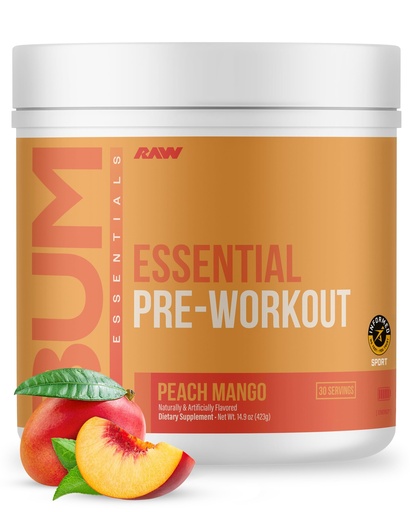 [BRSROEAKCEIRS3YY] RAW Nutrition - Essential Pre - Chris Bumstead Pre Workout Formula, Sports Nutrition Pre-Workout Powders | Men & Womens Drink, Energy Powder for Working Out (Peach Mango)
