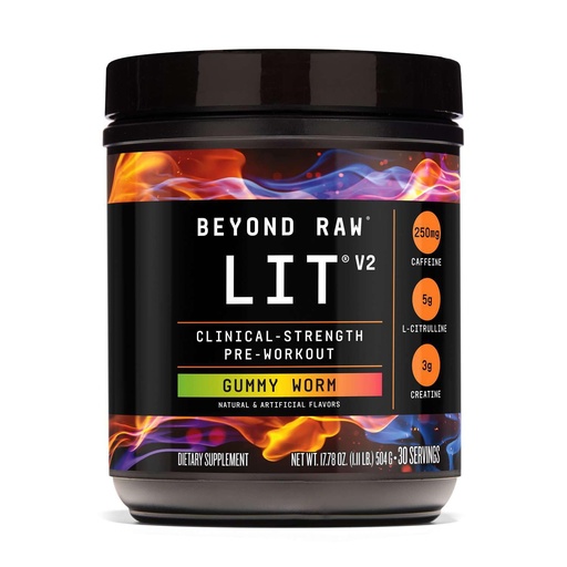 [BRSREGL4DMCA2F3Z] BEYOND RAW LIT V2 Clinical Strength Pre Workout Powder, Hits Harder, Bigger Pumps, Caffeine, L-Citrulline, Creatine, Gummy Worm, 30 Servings