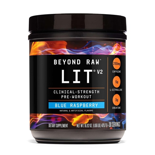 [BRSREGL7O4CWEELJ] BEYOND RAW LIT V2 Clinical Strength Pre Workout Powder, Hits Harder, Bigger Pumps, Caffeine, L-Citrulline, Creatine, Blue Raspberry, 30 Servings