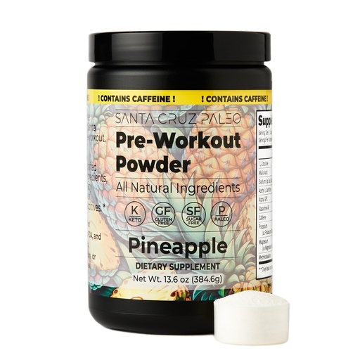 [BRSROA36CV7RQ3D2] Santa Cruz Paleo Pre Workout Powder with Caffeine & Electrolytes, Magnesium, Potassium, Sea Salt & L Citrulline, Sugar Free Preworkout Drink Mix for Energy & Hydration, Pineapple Flavor, 30 Servings