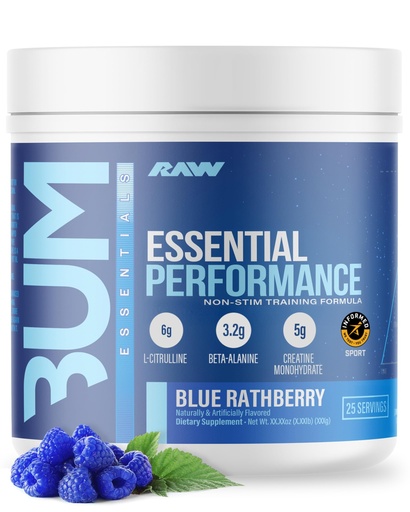 [BRSRAHA7OYBRA3AY] RAW Essential Performance Non-Stim Pre-Workout Powder - Preworkout for Endurance Strength & Focus Without Caffeine or Stimulants - Creatine Monohydrate, L-Citrulline & Beta Alanine - Blue Rathberry