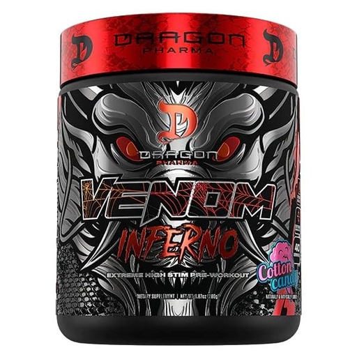 [BRSREGQDAANQAEYZ] DRAGON PHARMA Venom Inferno, Extreme High-Stim Pre-Workout, Explosive Energy and Unparalleled Focus (40 Servings, Cotton Candy)