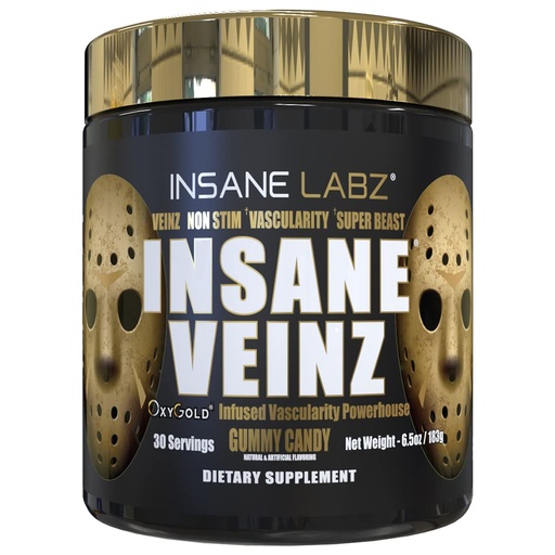 [BRSWYAQFPMHWA237] Insane Labz Insane Veinz Gold, Nitric Oxide Non Stimulant pre Workout Powder, Loaded with Hydromax, Nitrosigine, Increases Vascularity and Blood Flow, 30 Srvgs, Gummy Candy