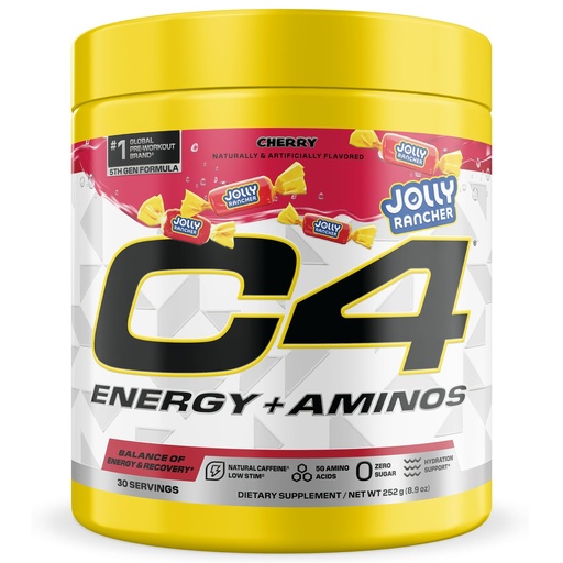 [BRSREYI3BAIGACLF] C4 Energy + Aminos Powder Jolly Rancher Cherry, 5g BCAAs & EAAs for Muscle Recovery, 3 Electrolytes for Hydration, 100mg Natural Caffeine, Pre Workout, Zero Sugar, 30 Servings