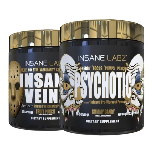 [BRSWYZY6OQPRA2TG] Insane Labz Psychotic Gold and Insane Veinz Gold Pre Workout Nitric Oxide Booster Stack, Increase Muscle Mass, Vascularity, Strength, Energy, Focus, Gummy Candy and Fruit Punch.