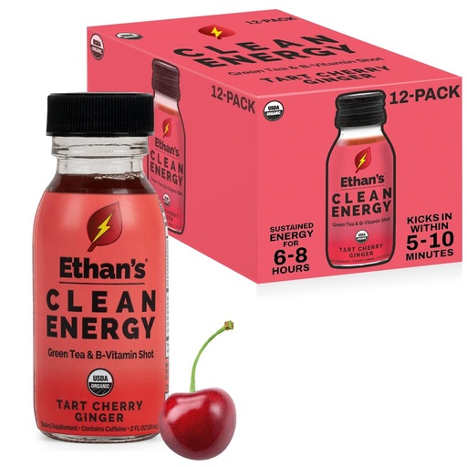 [BRSWYYITOIPRGAY3] Ethan's Organic Clean Energy Shots Tart Cherry Ginger, 12 Pack of 2oz | 150mg Caffeine | Green Tea, Guayusa, Lion's Mane & Cordyceps | Sugar-Free, Vegan, Gluten-Free, USDA Organic
