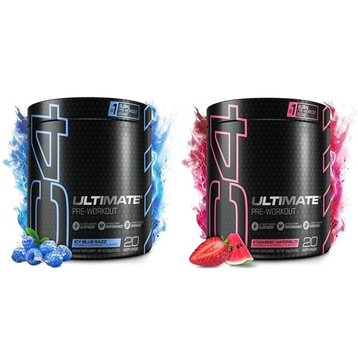[BRSRAAIDBYIQIYD3] Cellucor C4 Ultimate Pre Workout Powder Bundle - ICY Blue Razz+Strawberry Watermelon - 300mg Caffeine + 3.2g Beta Alanine + 2 Patented Creatines - 20 Servings