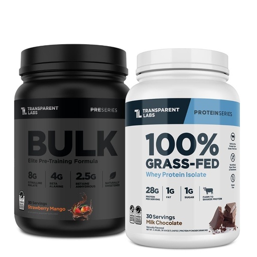 [BRSRECT2PMMAYDL6] Transparent Labs Bulk Black Pre-Workout (30 Servings, Strawberry Mango) & Grass-Fed Whey Protein Isolate (30 Servings, Milk Chocolate)