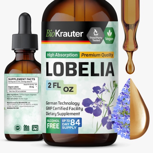 [BRSROGABCQBWO236] BIO KRAUTER Lobelia Tincture for Lung Cleanse & Detox - Pure Vegan Lobelia Herb Liquid Extract - 2 Fl.Oz. 84 Days of Supply - Respiratory Support Supplement - Alcohol & Sugar Free, Non-GMO
