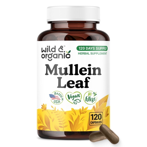 [BRSRAHA3BAGQIETK] Wild & Organic Mullein Capsules - 4:1 Mullein Leaf Extract for Lungs - 120 Vegan Capsules - Herbal Lung Support Supplement - 4-Month Supply - No Fillers, Non-GMO, Gluten-Free