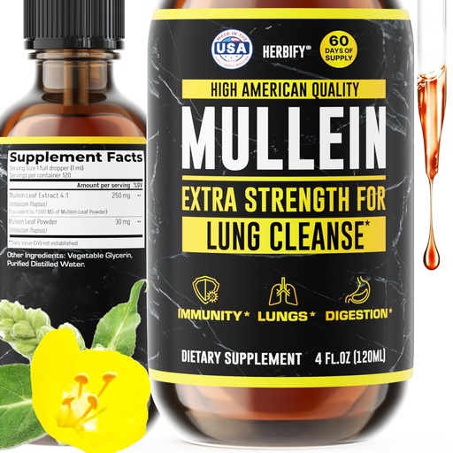 [BRSWYZIYCV6AMCDP] HERBIFY Mullein Drops - Lung Cleanse - Leaf Extract - Powerful Mullein for Immune Support,Detox & Respiratory Support - Made in USA - Lung Cleanse for Smokers - 4 Oz
