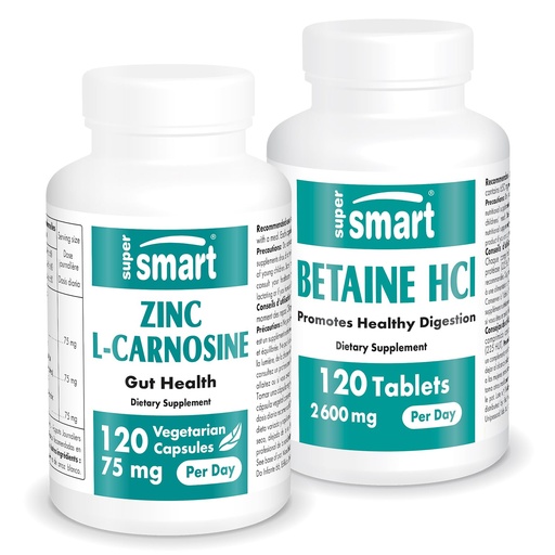 [BRSROZI3OECRSFI3] Supersmart - Zinc L-Carnosine + Betaine HCl Bundle (Gastric Health) | Non-GMO & Gluten Free - Vegetarian Capsules