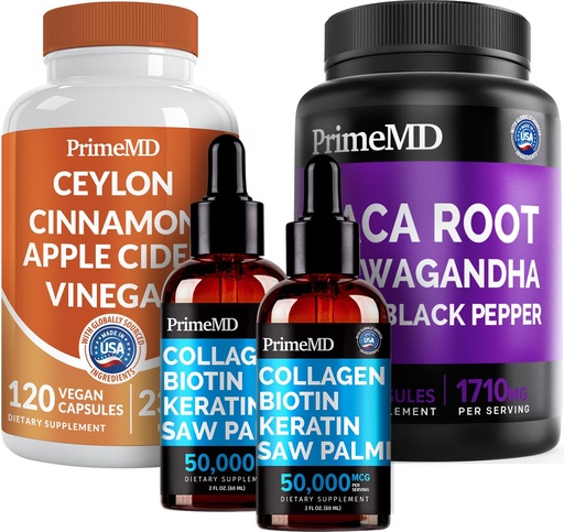 [BRSRMY34A56GYF3L] 5-in-1 Ceylon Cinnamon (120ct), 4-in-1 Biotin Collagen Keratin Saw Palmetto (2 fl oz - 2 Pack) & 6-in-1 Maca Root Ashwagandha (120ct) Bundle - Energy, Mood, Hair, Skin & Immune Support Supplement