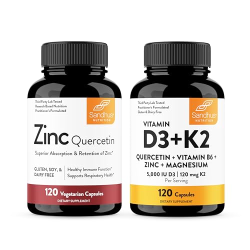 [BRSREZAYBN5AGAAY] Sandhu's Zinc Quercetin & Vitamin D3 K2 Capsules (120 Count Each) | Supports Immune, Energy, Skin & Muscle Health