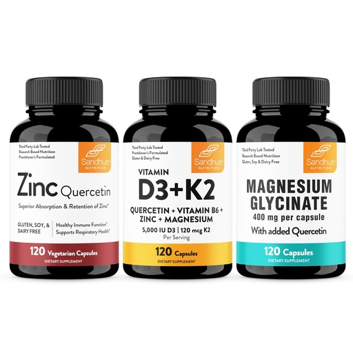 [BRSRGGAOPNYBU3LO] Sandhu's Zinc Quercetin Bundle with Magnesium Glycinate & Vitamin D3 K2 5000 IU Capsules (120 Count Each) | for Men & Women