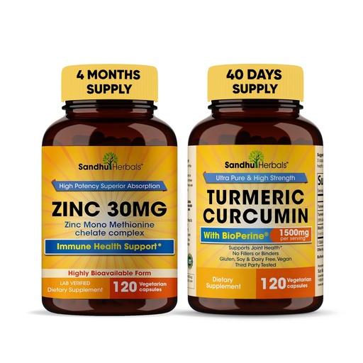 [BRSROBARDIPAEE35] Sandhu Herbals Zinc 30 mg and Organic Turmeric Curcumin with Bioperine Black Pepper Extract | Supports Healthy Skin, Immune System, Joint & Healthy Inflammatory Support | Non-GMO, Made in USA
