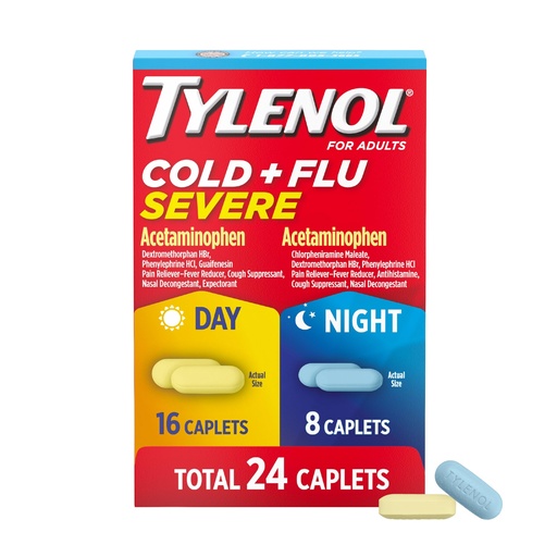 [BRSWKGQAOQPAKC32] Tylenol Cold + Flu Severe Day & Night Caplets Combo Pack for Multi-Symptom Cold & Flu Symptom Relief, Cough, Sore Throat, and Headache Relief, Acetaminophen Pain Reliever, 24 ct