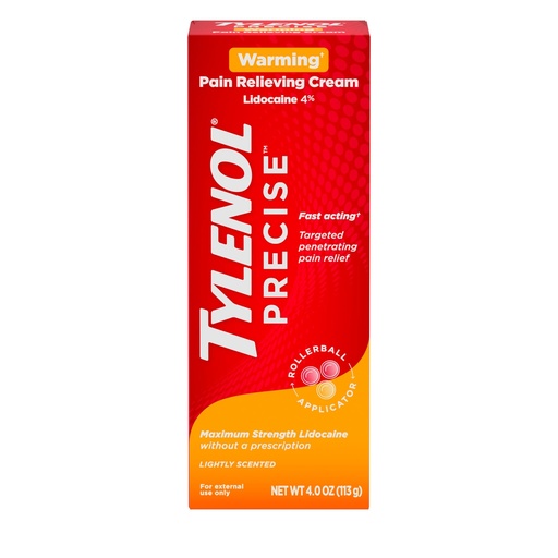 [BRSROAAOCNYB6AL6] Tylenol Precise Warming Pain Reliever Cream, Maximum Strength 4% Lidocaine Warming Pain Cream for Back, Knee & Joint Pain, Fast-Acting, Penetrating Pain Relief Cream, Light Scent, 4 oz