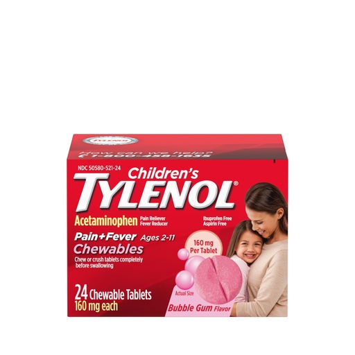 [BRSWKH3YBEPRSFT4] Children's Tylenol Chewables with 160 mg Acetaminophen, Pain Reliever & Fever Reducer for Kids' Cold + Flu Symptoms, Headache, Sore Throat & Toothache, Aspirin-Free, Bubble Gum, 24 ct
