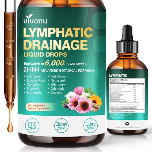 [BRSREBICOUHROAD5] 21-in-1 Lymphatic Drainage Drops for Liposomal, Immune & Lymph System Support Supplement for Women & Men with Echinacea, Dandelion, Burdock, Bromelain, Calendula, Turmeric & More, 2 FL OZ