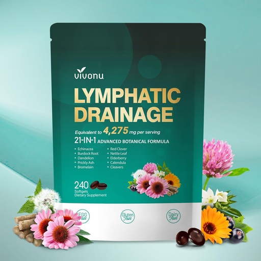 [BRSREHTROYOWOD3V] Lymphatic Drainage Supplements, 240 Softgels, Lymph System Support Supplement for Women & Men, 21-in-1 Herbal Blend with Echinacea, Dandelion, Burdock, Bromelain, Calendula, Turmeric & More, 1 Bag