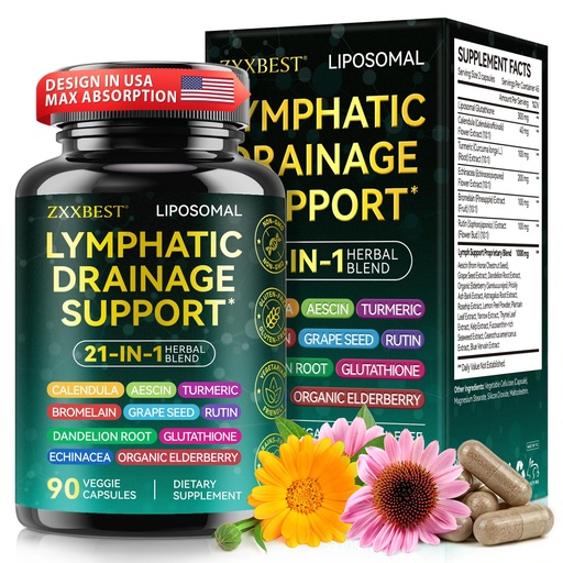 [BRSRGHT3DJ7WOF3A] Lymphatic Drainage Supplements, Lymphatic Drainage Capsules - Wellness Complex 21 in 1 Aescia, Turmeric, Bromelain, Echinacea & More - Lymph System Support Capsules