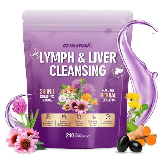 [BRSRECAZDEHBUFYZ] Lymphatic Drainage Supplement, Liver Cleanse Detox & Repair, 24-in-1 Herbal Blend with Echinacea, Dandelion, Burdock, Bromelain, Calendula, Turmeric - Lymph System Support, Less Bloating, 240 Softgels