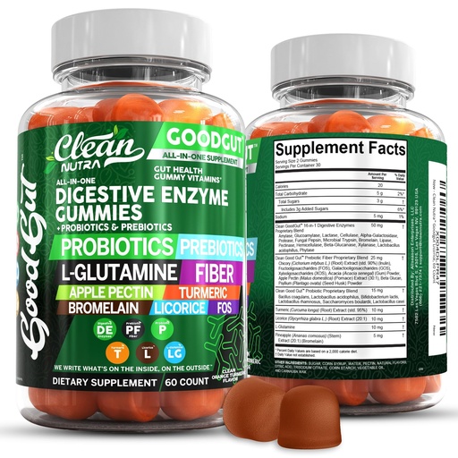 [BRSRAFACCEHBAETO] Clean Nutraceuticals Digestive Enzymes with Probiotics & Prebiotics for Digestive Health Gummies & L-Glutamine for Gut Health Bromelain Apple Pectin Inulin FOS Plant Based Vegan Gummy Vitamins