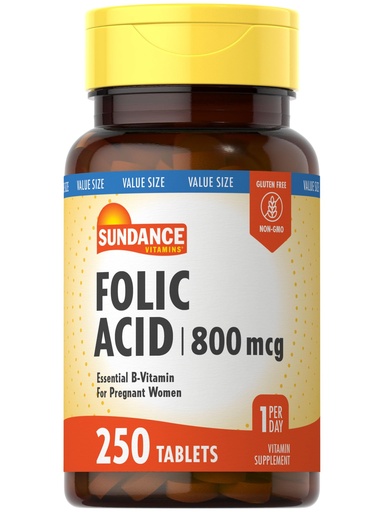 [BRSWKYYHB4CA22LE] Sundance Folic Acid 800 mcg | 250 Vegetarian Tablets | Essential B-Vitamin | Vegetarian, Non-GMO, and Gluten Free Supplement