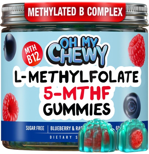 [BRSREAYDBUCBU2DH] OH MY CHEWY Center-Filled 5-MTHF Folate L-Methylfolate Gummies - Sugar-Free MTHFR Vitamins B Complex Support with Methylated B1, B6 and B12 Cofactor - Mood, Behavior, Cognition - 60 Count