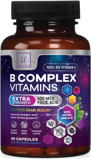 [BRSRGZIYCV5QOYDP] B Complex Vitamin Supplement - 3X Strength with Biotin, Vitamin C & Folic Acid - Super B12 Complex Vitamins for Energy, Supports Hair Growth, Immune Support for Women & Men, USA Bottled, 60 Capsules