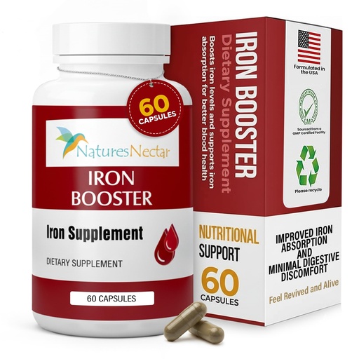[BRSWKZIDOIGQG2LA] Nature's Nectar Blood Builder Iron Supplement for Men & Women – Slow Release Non-Constipating Iron Capsules with Vitamin B-12, Folic Acid & Vitamin C – Supports Red Blood Cell Production 60 Capsules