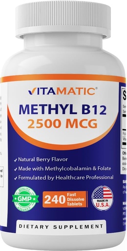 [BRSRE2YQCINQKFA6] Vitamatic Methyl B12 2500 mcg with Folic Acid – Natural Berry Flavor – 240 Fast Dissolve Tablets – Methylcobalamin Vitamin B12 for Energy & Nervous System Support – Vegan & Non-GMO Supplement