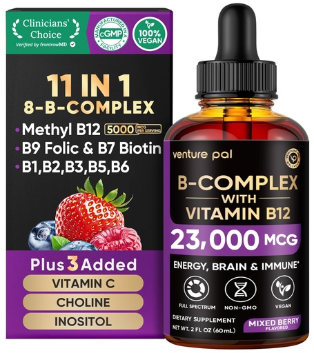 [BRSRAAL3OB5AY2DL] Venture Pal Vitamin B Complex Liquid Drops, B12 Methylcobalamin | B9 Folic | B1,B2,B3,B5,B6,B16 - Vitamin C, Choline, Inositol, Immune & Energy Metabolism, Brain & Heart Support