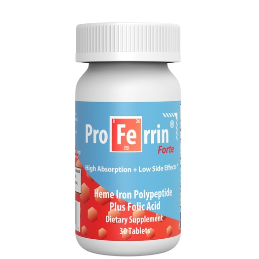 [BRSWYZIRCMOQY3T2] Proferrin Forte-12mg of high Absorbing Heme Iron Polypeptide. Easy on the Gut. 30 Tablets. 1mg of Folic Acid to aid in red Blood Cell Production. Not affected by Coffee, Calcium, or PPI's.