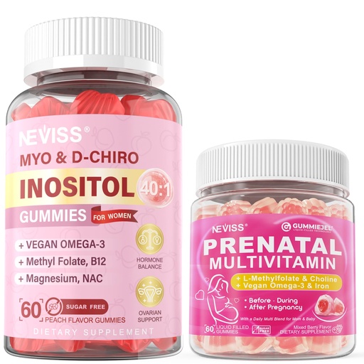 [BRSREC33DMJWEE3G] NEVISS Sugar Free 1 Pack Prenatal Vitamins for Women Gummies for Before,During & After Pregnancy + 1 Pack 40:1 Ratio Inositol Gummies