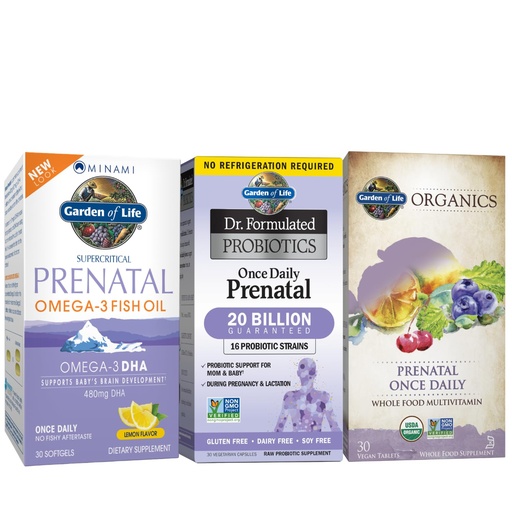 [BRSRGCQOBVYBMCLU] Garden of Life Prenatal Bundle: Organics Prenatal Multivitamin with Folate and Iron, DHA Omega 3 Fish Oil Supplement, Dr. Formulated Probiotics Once Daily for Mom & Baby, Capsules and Softgels