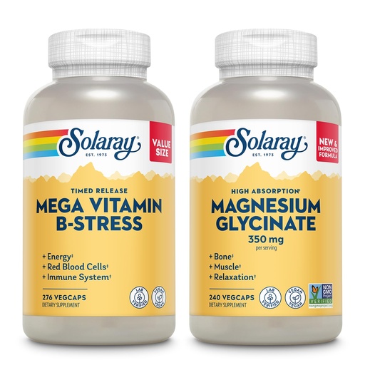 [BRSRA2YKPMCBE23U] SOLARAY Mega Vitamin B Stress and Magnesium Glycinate 350mg Bundle - Timed Release Vitamin B Complex w/VIT C, Chelated Magnesium Bisglycinate - Energy, Relaxation and Immune Support, Vegan, 276/240ct