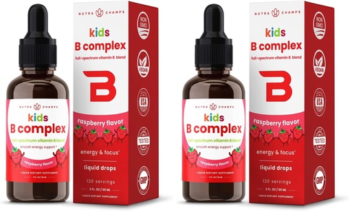 [BRSRGFIFCEAR4D3P] NutraChamps Vitamin B Complex for Kids, B1, B2, B3, B6, B7, B9 & Methyl B12, Kids B Complex Liquid Drops Supplement, Energy, Focus, Metabolism, Natural Berry, 120 Servings, 4 Month Supply (Pack of 2)