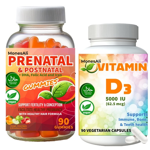 [BRSREAAQBZ7WA3DK] Halal Comprehensive Bundle for Expecting Mothers: Prenatal Gummies + Vitamin D3 Capsules
