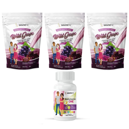 [BRSW2GABAQARAYDU] BariatricPal 90-Day Bariatric Vitamin Bundle (Multivitamin ONE 1 per Day! Capsule with 18mg Iron and Calcium Citrate Soft Chews 500mg with Probiotics - Wild Grape)