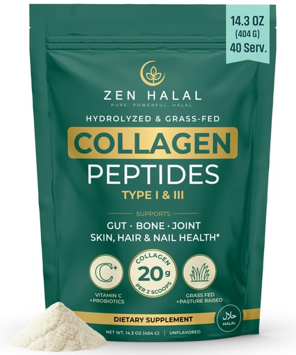[BRSRGYYZOJ5WAAA3] Collagen Powder with Vitamin C & Probiotic (18g Protein) Pure Grass Fed Halal Collagen Peptides for Women - Unflavored & Hydrolyzed Bovine Type I & III for Skin, Hair, Nails, Joints and Gut