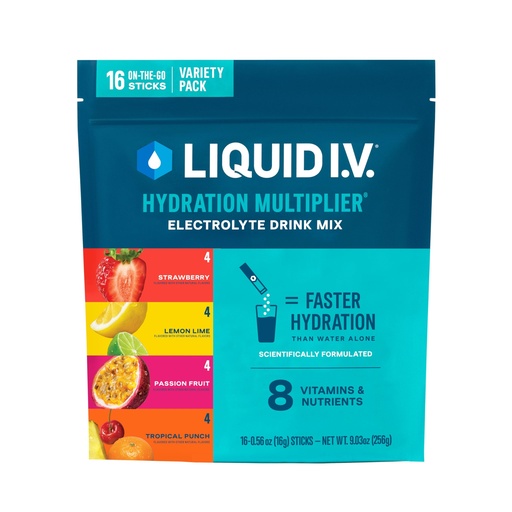 [BRSROFL6CR6WY3DD] Liquid I.V.® Hydration Multiplier - Variety Pack - Lemon Lime, Passion Fruit, Strawberry, Tropical Punch | Electrolyte Powder Drink Mix | 1 Pack (16 Servings)