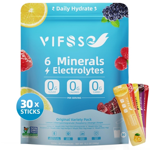 [BRSREYIKC57AYAL4] Electrolyte Powder Drink Mix - Rapid Hydration with 6 Minerals & Electrolytes, 30 Sticks, Sugar-Free Variety Packs of Lemon, Raspberry, Cherrypomegranate,Orange, Grape, for Workout & Energy Recovery